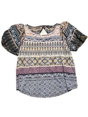 Lucky Brand Mixed Print Boho Short Flutter Sleeve Keyhole Back Top Size Medium